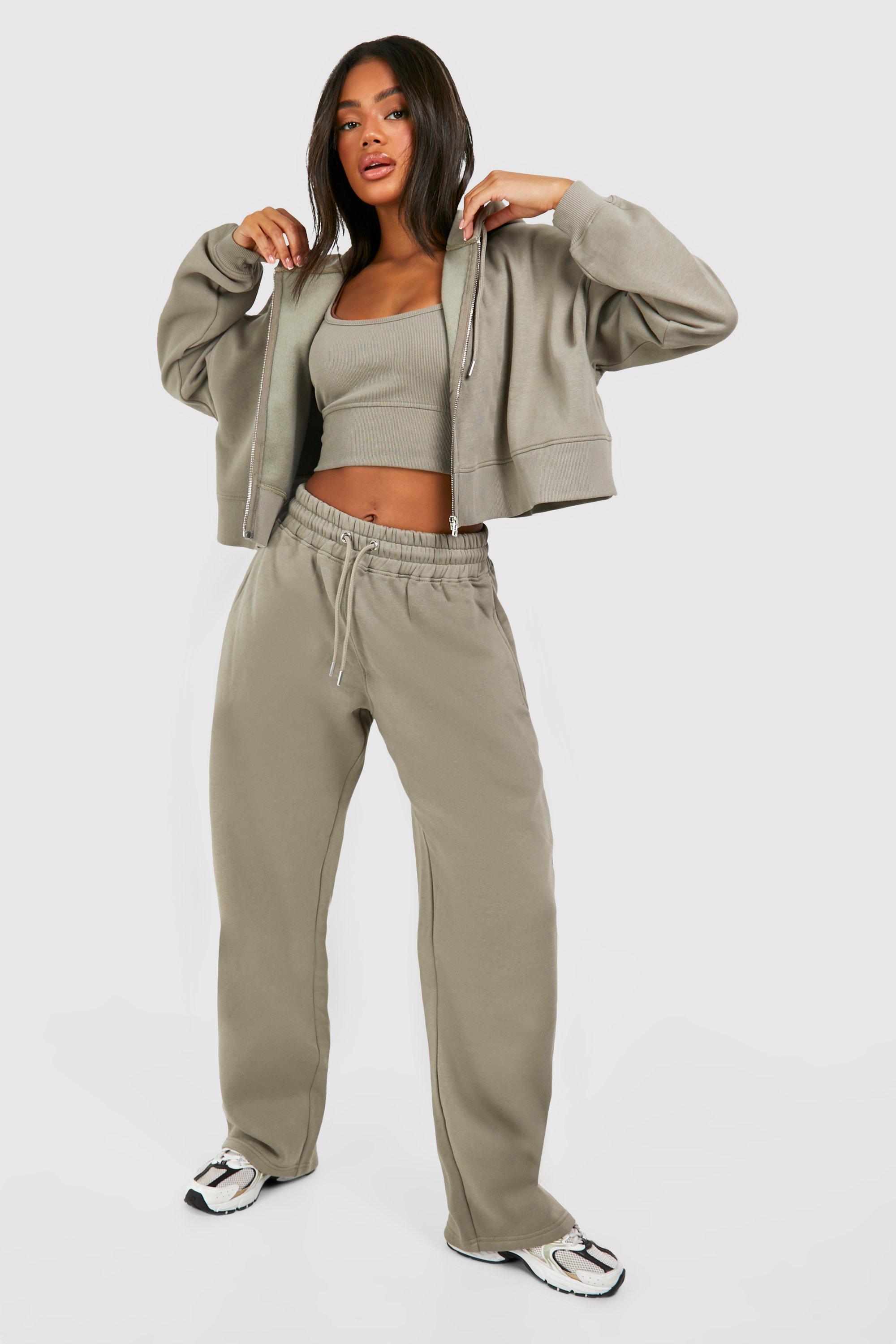 Womens Deep Hem Crop Top 3 Piece Hooded Tracksuit - Grey - M, Grey